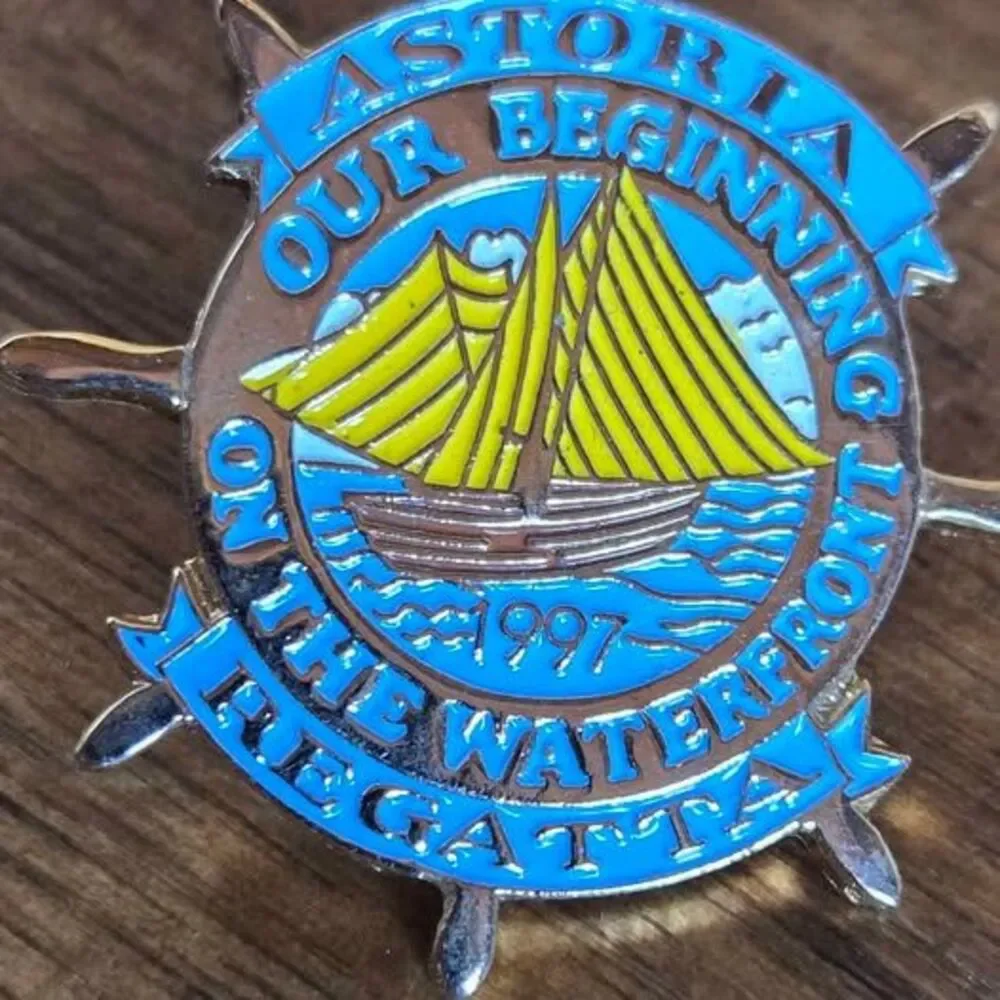 1997 Astoria Regatta Enamel Lapel Pin Ship Wheel Sailing Boat Oregon Souvenir